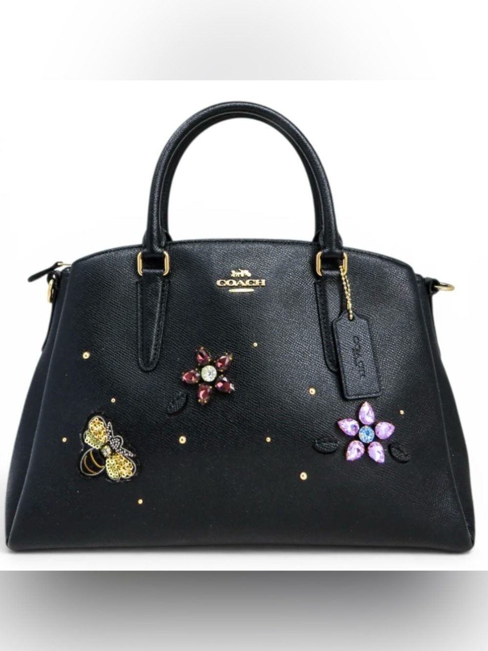 COACH Storypatch Black Crossgrain Leather Sage Carryall w/Appliques & Gemstones
